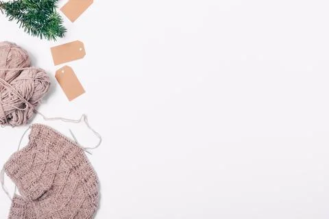 Top view of white table with flat lay arrangement Stock Photos