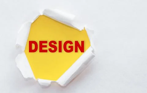 Top view of white torn paper and the text DESIGN on a yellow background Stock Illustration