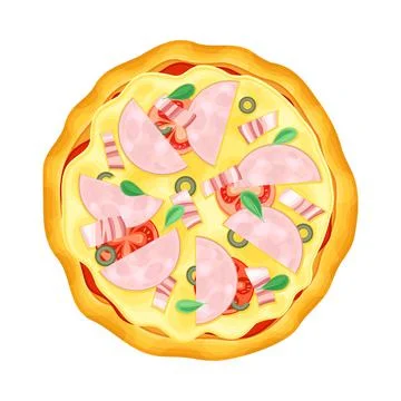 Top view of whole pizza with bacon, ham and tomato. Tasty Italian fast food Stock Illustration