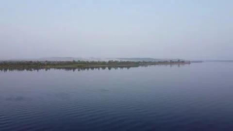 Top view of a wide full-flowing river with islands Stock Footage 143522626