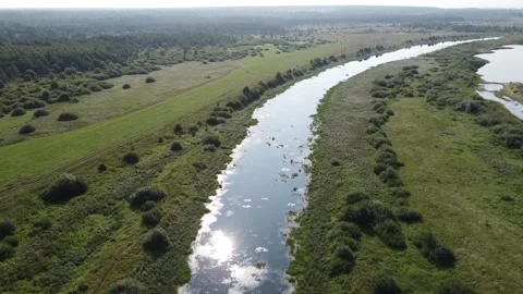 Top view of a wide full-flowing river with islands Stock Footage 143522638