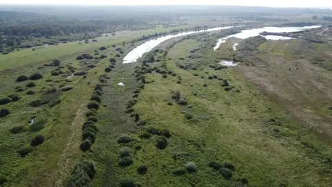 Top view of a wide full-flowing river with islands Stock Footage 143522655