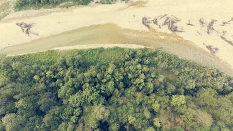 Top view of a wide river bed. Stock Photos