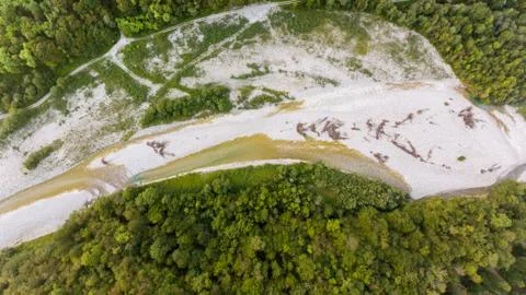 Top view of a wide river bed. Stock Photos