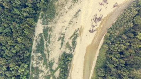 Top view of a wide river bed. Stock Photos