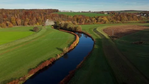 Top View of Winding River and Autumn Forest Stock Footage 321292495