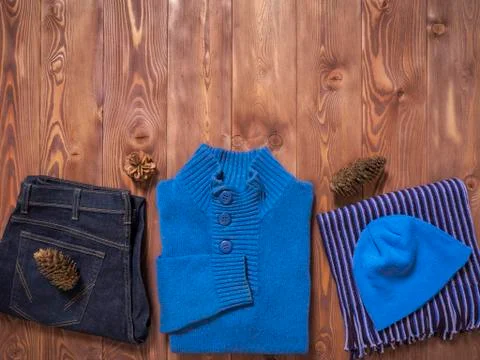 Top view on winter clothes Stock Photos
