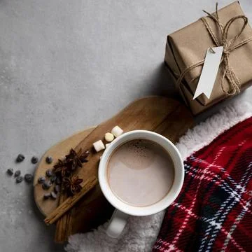 Top view winter hygge elements with cup hot chocolate. High quality and re... Stock Photos