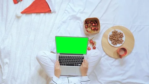 Top view woman using computer in bedroom new year time Stock Footage 120767867