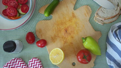 Top view woman's hands cooking salad on kitchen. Healthy food. Salad dressing Stock Footage 137827393