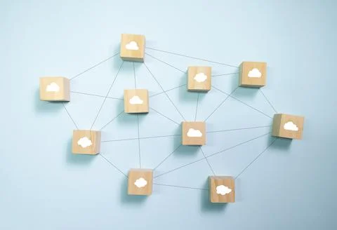 Top view wooden blocks with cloud icon set  to circle. Concept for cloud comp Stock Photos