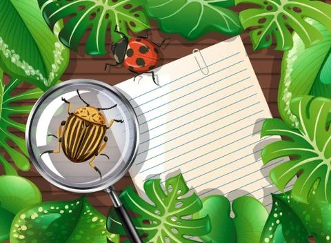 Top view of wooden table with blank paper and insects and leaves element Stock Illustration
