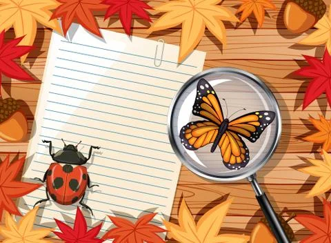 Top view of wooden table with blank paper and insects and autumn leaves eleme Stock Illustration