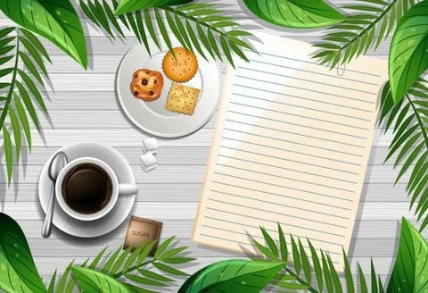 Top view of wooden table with blank paper and a cup of coffee and leaves elem Stock Illustration