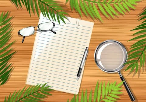 Top view of wooden table with blank paper and office objects and leaves eleme Stock Illustration