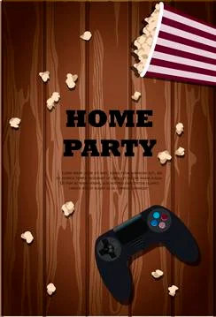 Top view of a wooden table with a game joystick, a basket of popcorn and drinks Stock Illustration