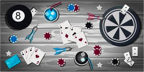 Top view of a wooden table with items for gambling and sports games. Table with Illustration