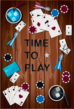 Top view of a wooden table with items for gambling and sports games. Table with Stock Illustration