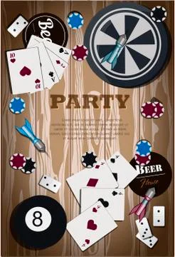 Top view of a wooden table with items for gambling and sports games. Party with Stock Illustration