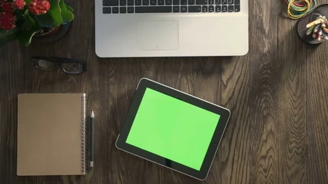 Top view of wooden table with office supplies Stock Footage 74699258