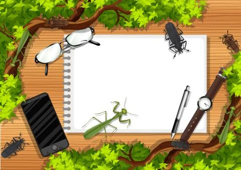 Top view of wooden table with office objects and leaves and insects element Stock Illustration
