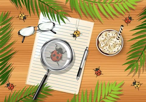 Top view of wooden table with office objects and leaves and insects element Stock Illustration