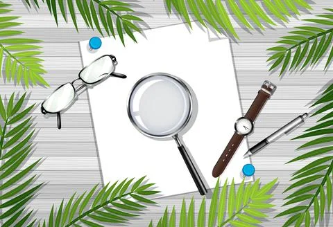 Top view of wooden table with office objects and leaves element Stock Illustration