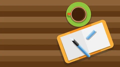 Top view of wooden table with open blank notebook, pen and coffee cup. 스톡 일러스트