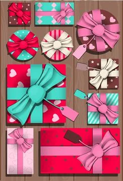 Top view of a wooden table with a set of gifts and boxes for valentine s day Stock Illustration