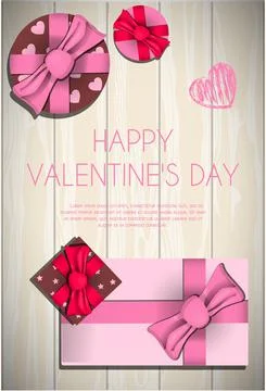 Top view of a wooden table with a set of gifts and boxes for valentine s day Stock Illustration