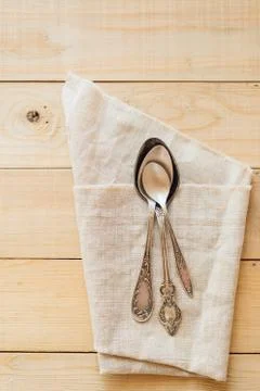 Top view wooden table setting with copyspace Stock Photos