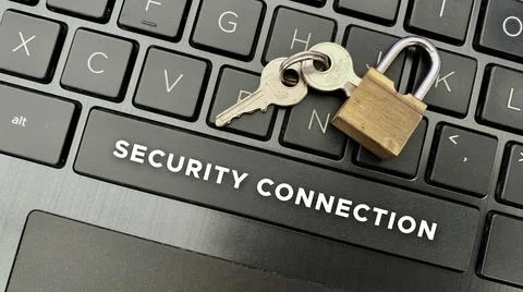 Top view of word - Security Connection with padlock background. Stock Photos