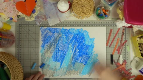 Top view of the work of craftswoman. Time lapse of scrapbooking process. Stock Footage 100305461