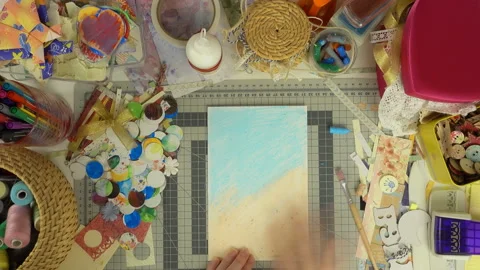 Top view of the work of craftswoman. Time lapse of scrapbooking process. Stock Footage 100410073