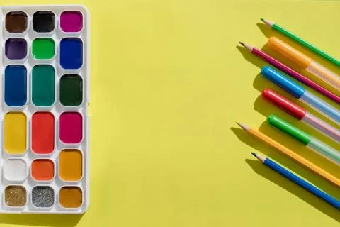 Top view of Work Process Blank Watercolor Paper pad, Watercolor Painting Stock Photos