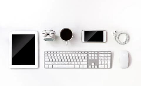 Top view work space with tablet and computer Stock Photos