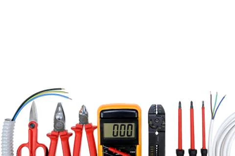Top view of work tools for residential electrical installation on white backg Stock Photos