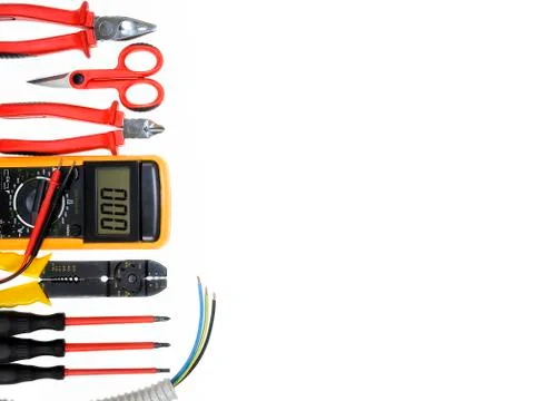 Top view of work tools for residential electrical installation on white backg Stock-Fotos