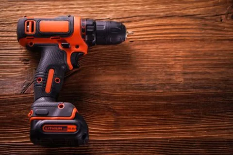 Top view of work tools on wooden background. Foto stock