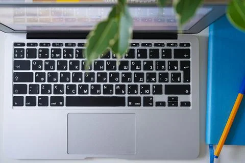 Top-view of worker preparing to working day. Datebook, computer keyboard Foto stock