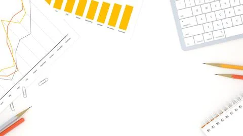 Top view of working desk table with notebook, keyboard, pencil, paper clip, p Stock Illustration