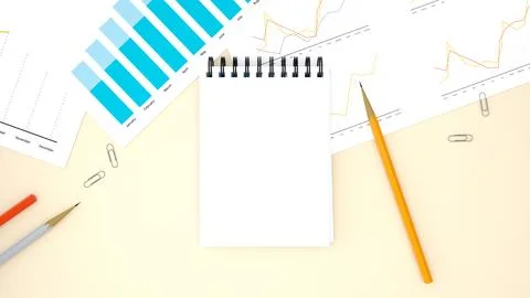 Top view of working desk table with notebook, pencil, paper clip, paper wit.. Stock Illustration