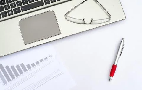 Top view of working place elements on white table Foto stock