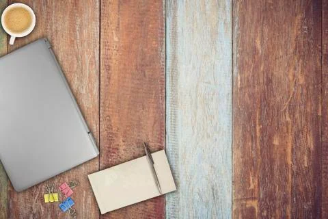 Top view of working place elements Stock Photos