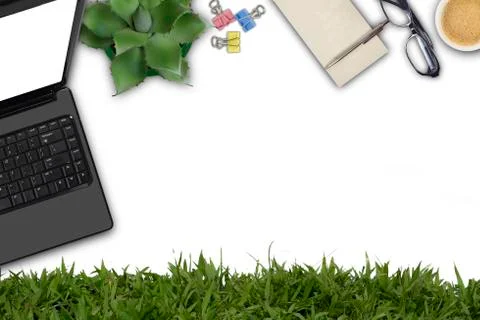 Top view of working place elements Stock Photos