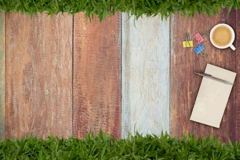 Top view of working place elements Stock-Fotos