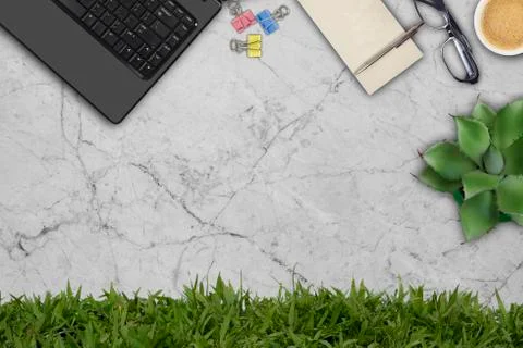 Top view of working place elements Stock Photos