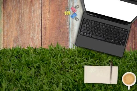 Top view of working place elements Stock-Fotos