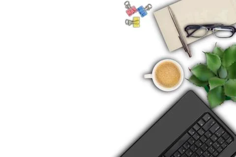 Top view of working place elements Stock Photos