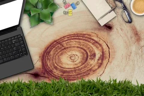 Top view of working place elements on wooden table Stock-Fotos